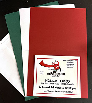 Holiday COMBO (80 Lb Smooth)<br>A2 Scored Cards w/White Envelopes<br>10 each of 3 card colors